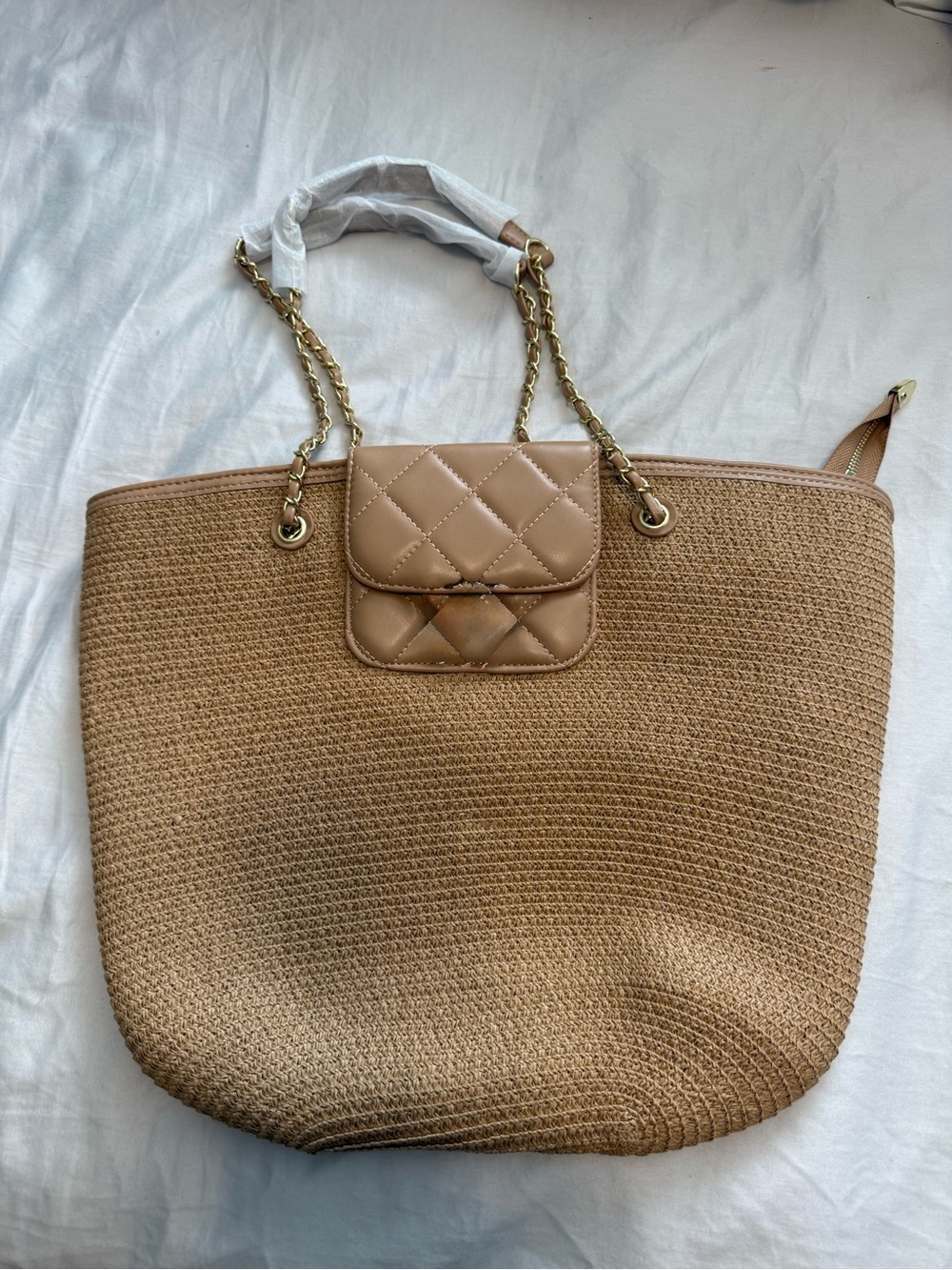Quilted Trim Straw Tote in Tan